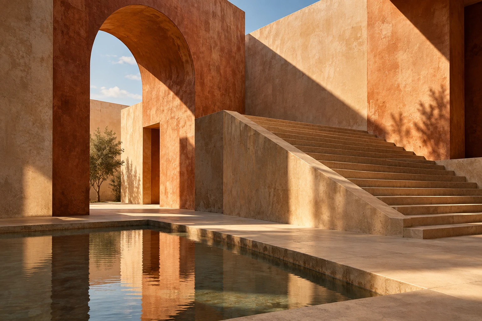 A warm sandstone courtyard, arched doorway and long afternoon shadows